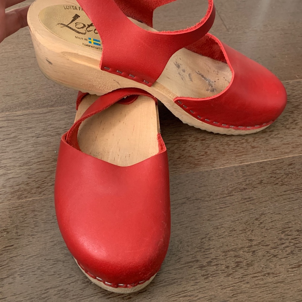 Lotte Stockholm red leather Swedish wooden clogs
